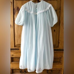 Vintage 1960's Two Piece Set Nightgown Dreamy Peignoir Baby Blue Lace Trim - M